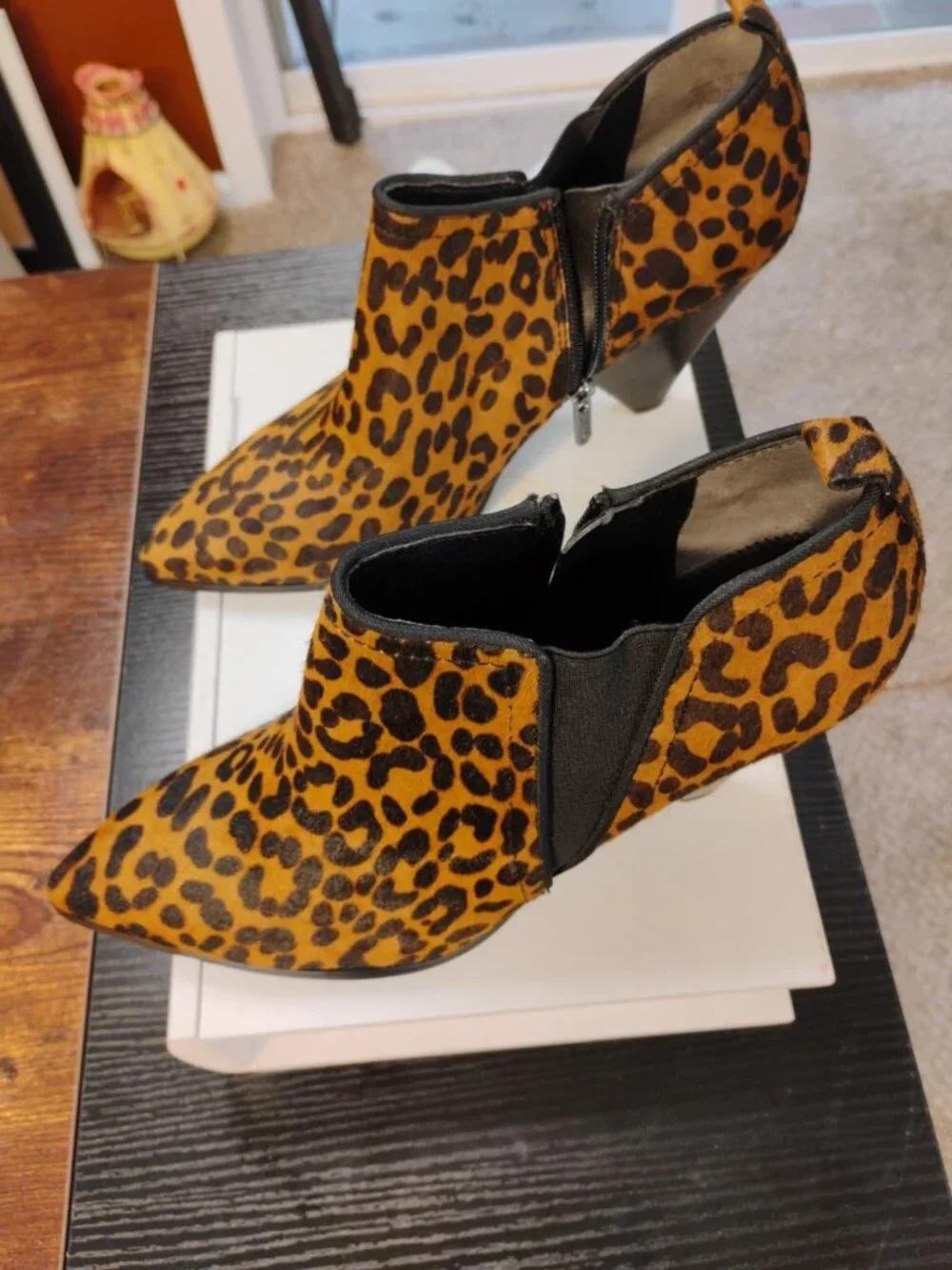 Sarto Leopard Print Real Cow Hair Pointed Toe Ankle Booties